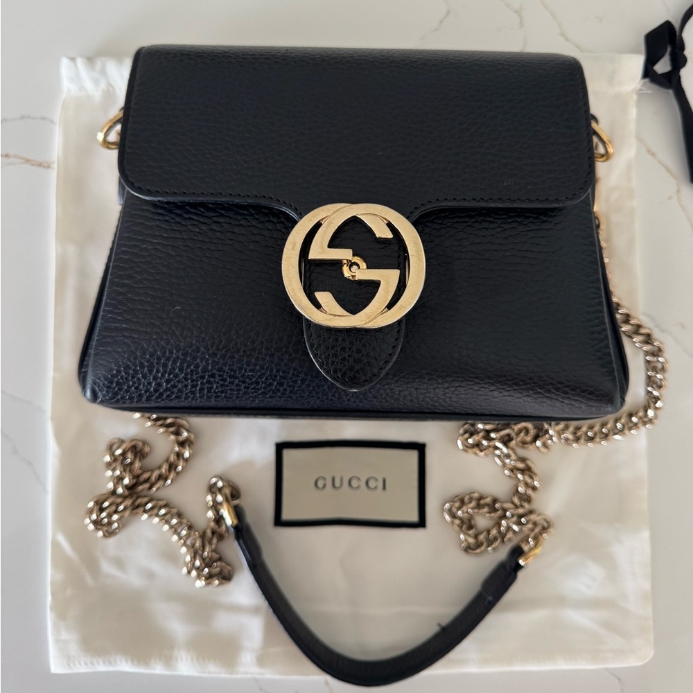 Gucci Black Leather Crossbody Bag with Gold Chain